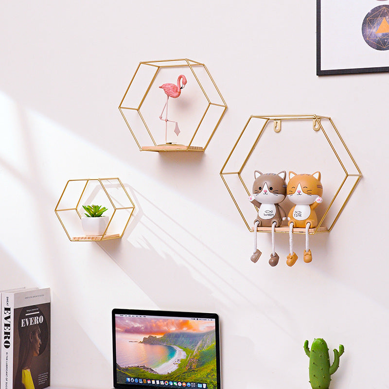 Hexagonal Iron Shelves On Wrought Wall