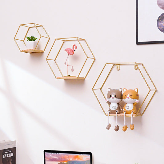 Hexagonal Iron Shelves On Wrought Wall