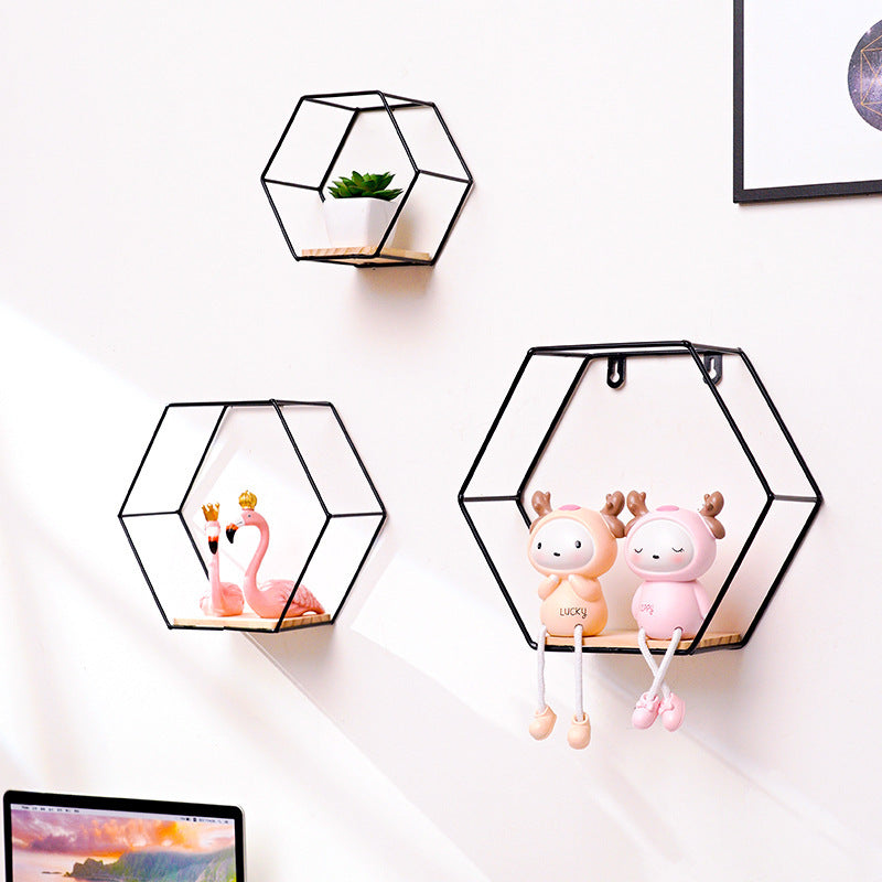 Hexagonal Iron Shelves On Wrought Wall