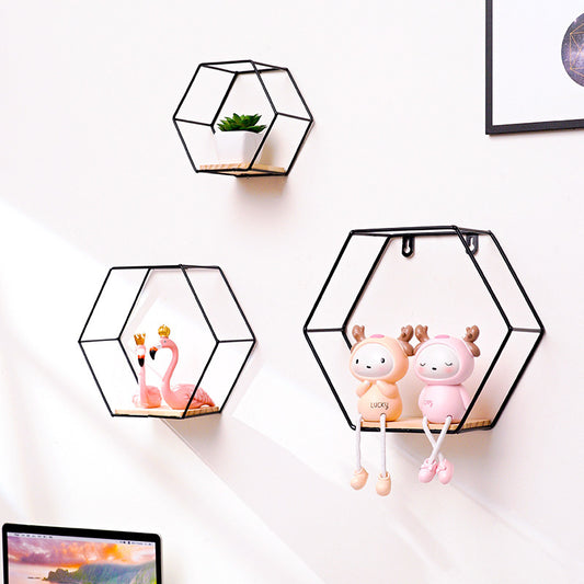 Hexagonal Iron Shelves On Wrought Wall